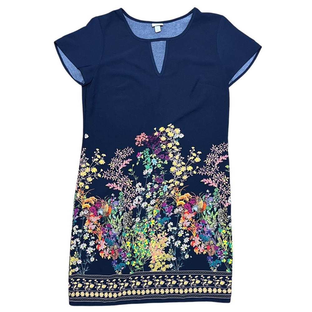 Merona Shift Dress Navy Floral Lightweight Keyhole Neck Cap Sleeve Size Small